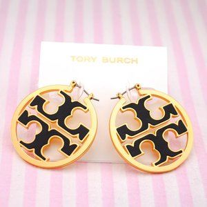 Tory Burch Miller Hoop Leather Inlay Earrings in Black - Brand New